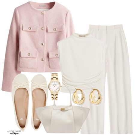 Pink weave tweed jacket, turtleneck crop top, tailored trousers, ballet flat shoes, Demellier bag & gold accessories.
Work outfit, spring office look, smart casual style.

#LTKworkwear #LTKSeasonal #LTKstyletip