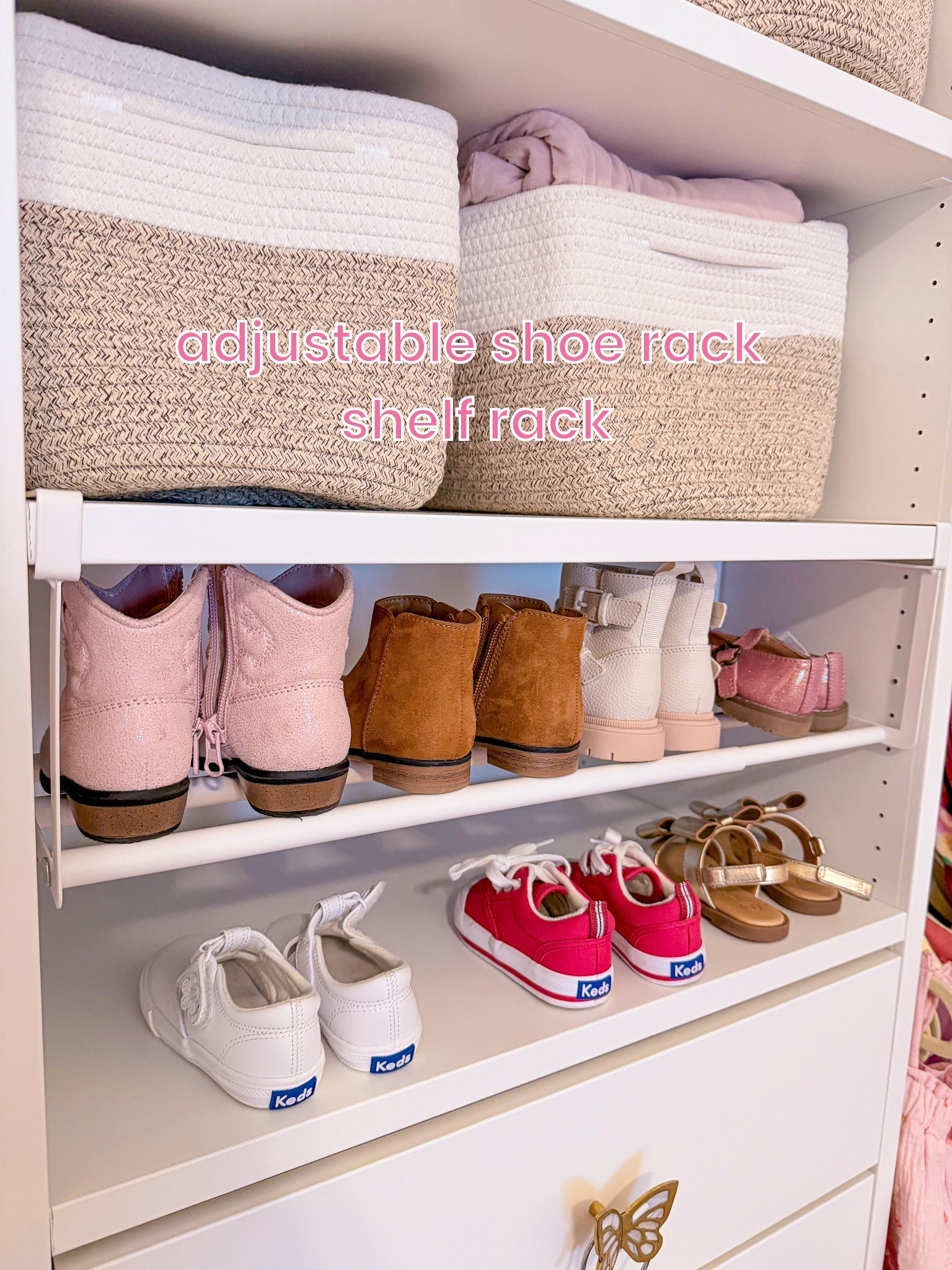 CLOSET ORGANIZATION FOR KIDS: got these baskets + adjustable shelf shoe rack and it worked perfectly in their closet system!