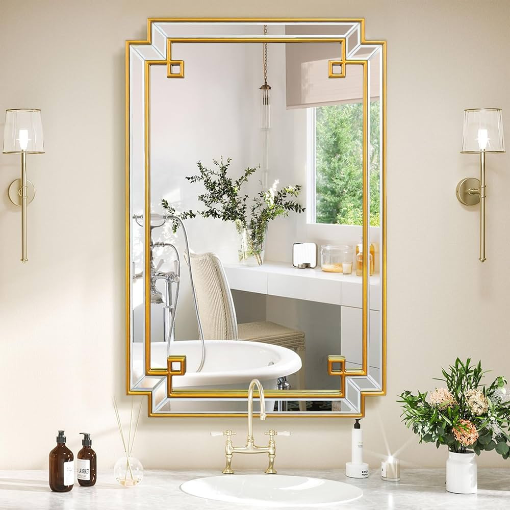 Jesantab 24"x36" Wall Mirror for Bathroom, Gold Rectangle Bathroom Vanity Mirror with Wood Frame,... | Amazon (US)