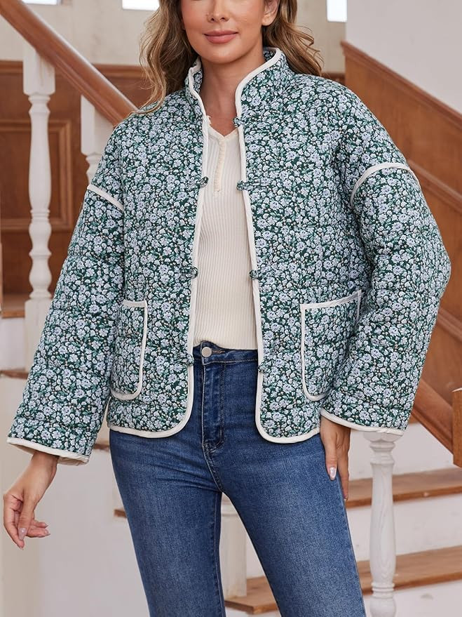 Muchpow Women's Cropped Quilted Puffer Jacket Floral Print Lightweight Long Sleeve Winter Coat Ou... | Amazon (US)