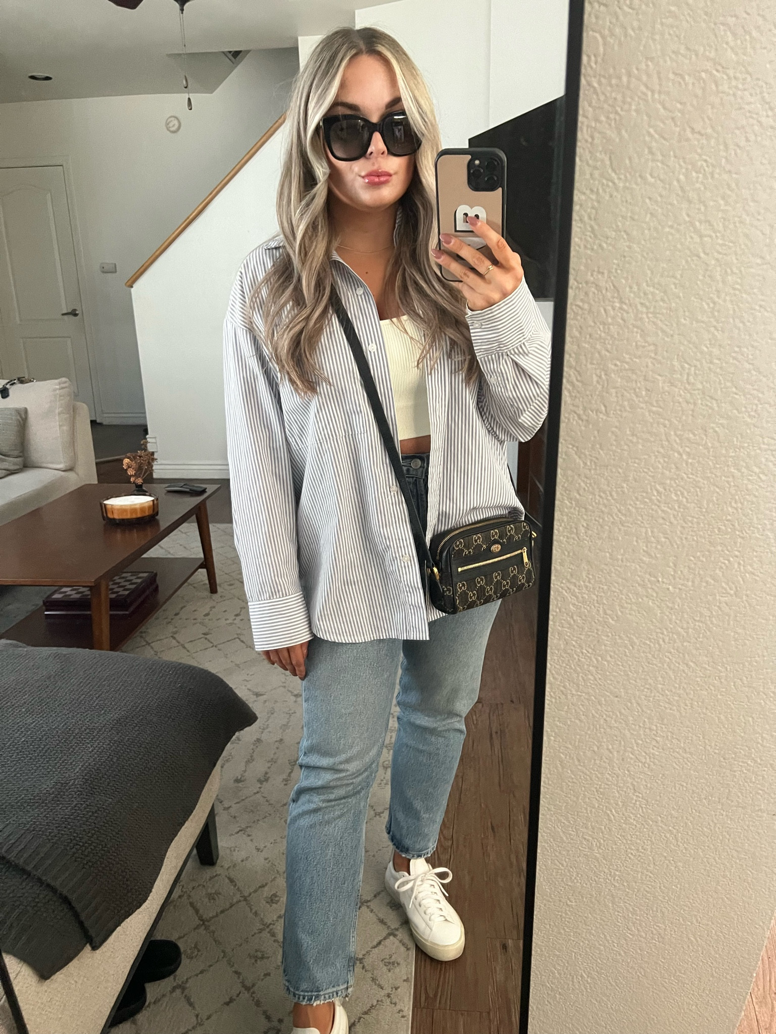 Veja sneakers, white sneakers, Agolde jeans, light denim, button down shirt, amazon tank, Amazon tops, Amazon sets, oversized sunglasses, Gucci sunglasses, Gucci crossbody purse 