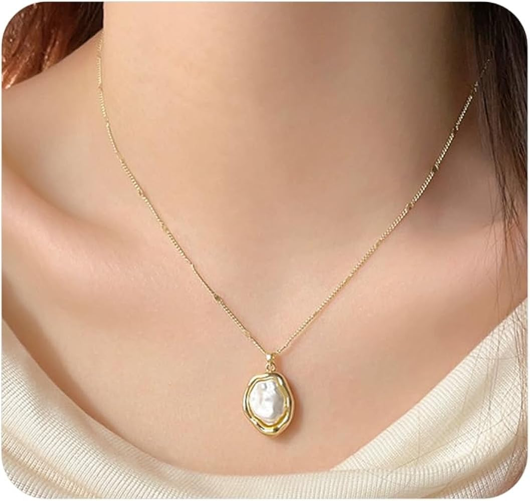 Trendy White Pearl Pendant Necklace for Women,Irregular Baroque Pearl Bead Statement Collarbone C... | Amazon (US)