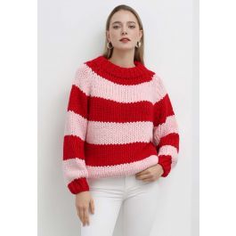 Festive Striped Chunky Hand Knit Sweater | Chicwish