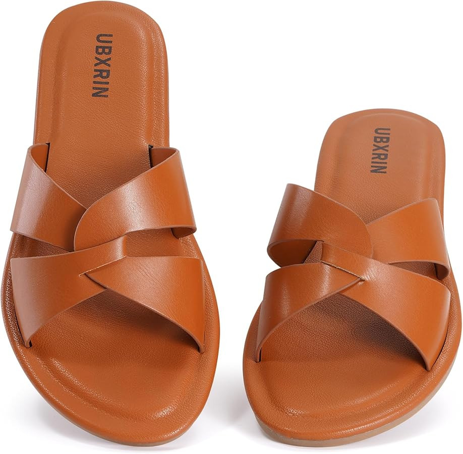UBXRIN Womens Minimalist Memory Foam Comfortable Slide Sandals Summer Casual Soft Leather Flat Sl... | Amazon (US)