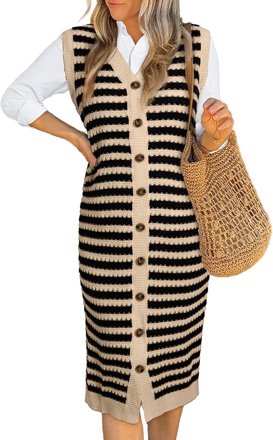 BLENCOT Women's V Neck Striped Sweater Tank Dress Causal Sleeveless Button Cardigan Midi Cover Up... | Amazon (US)