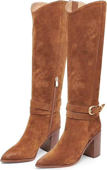 WIRALOMI Knee High Boots for Women Pointed Toe Chunky Heel Boots Metal Buckle Boots with Side Zip... | Amazon (US)