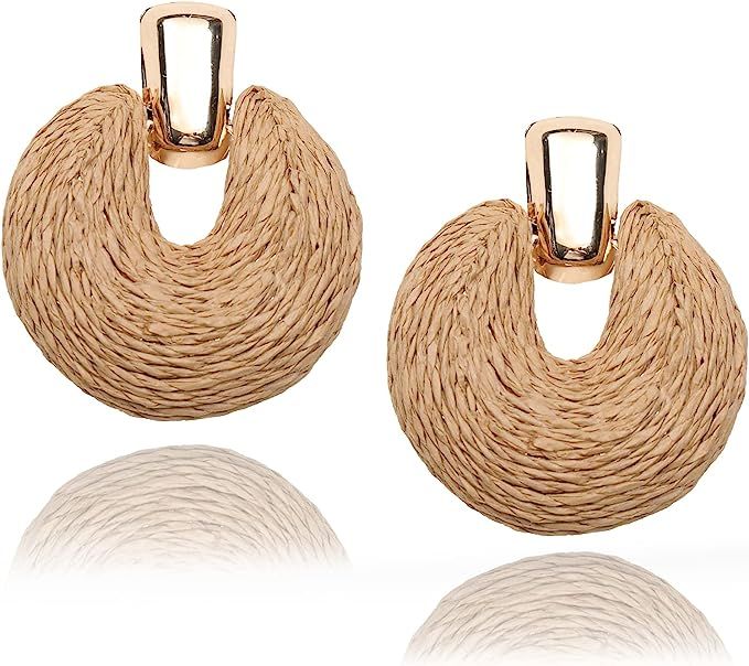 Statement Raffia Earrings for Women, Big Boho Handmade Rattan Earrings Dangling in Summer on Beac... | Amazon (US)