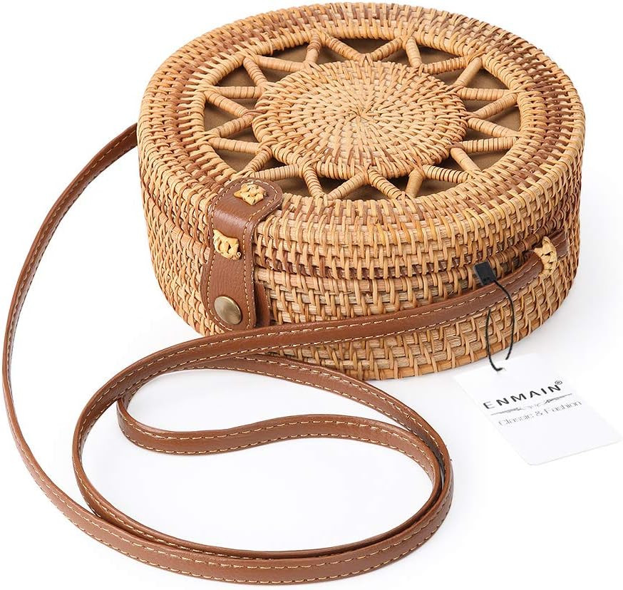Round Rattan Bag for Women Straw Bag Handwoven Beach Bohemian Shoulder Purse by Enmain | Amazon (CA)