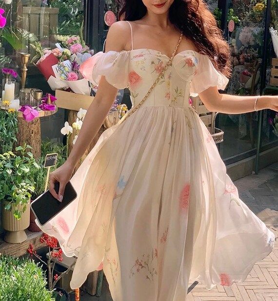 Cream Elegant Cottagecore Dress Maxi Long Prom Dresses Floral | Etsy | Etsy (US)