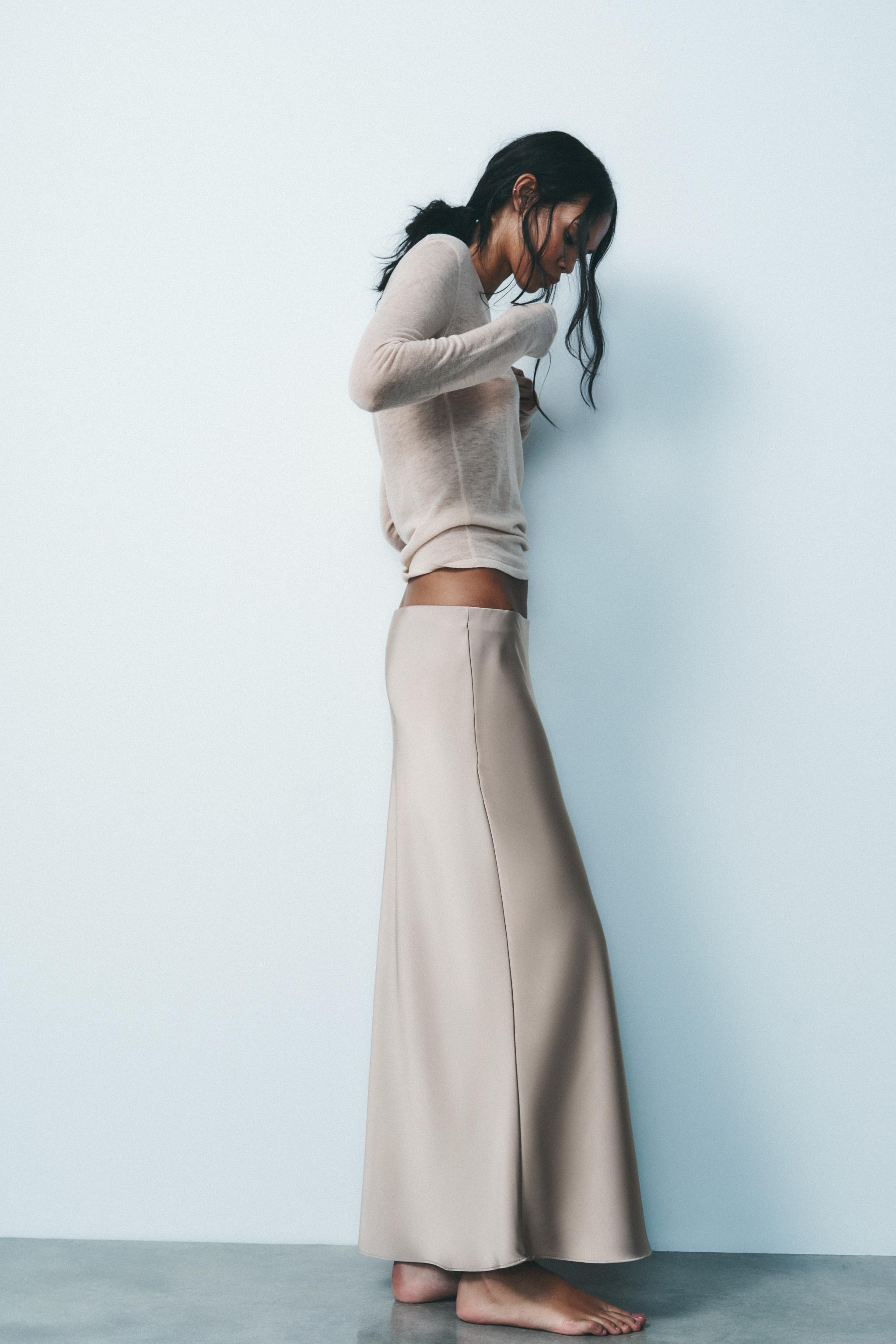 SATIN MIDI SKIRT25.99 GBP Taupe grey Burgundy Black Chocolate brown burnt umber Ecru Light yellow... | Zara US