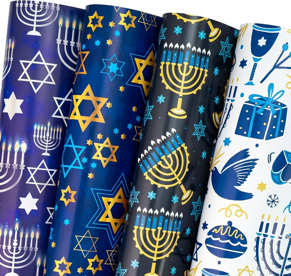 WRAPAHOLIC Hanukkah Wrapping Paper Sheet - 12 Sheets the Star of David and Candles Design Folded ... | Amazon (US)
