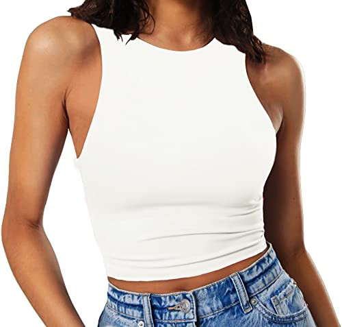GEMBERA Women's High Neck Crop Tops Basic Racer Back Cropped Tank Workout Sleeveless Shirts White L | Amazon (US)