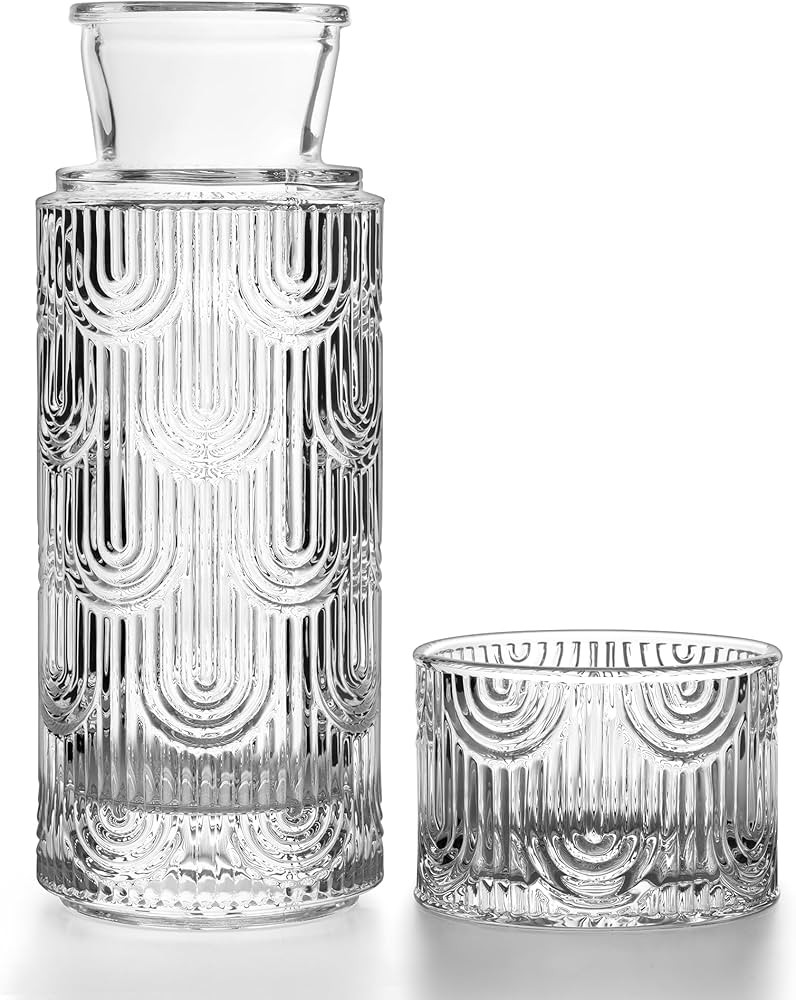 Bedside Water Carafe and Glass Set, Mouthwash Dispenser for Bathroom, 21.6 Oz Glass Water Bottles... | Amazon (US)