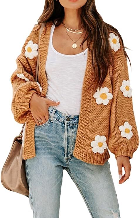 Women's Fall Y2k Oversized Chunky Cable Knit Flower Long Sleeve Open Front Crop Cardigans Cute Bu... | Amazon (US)