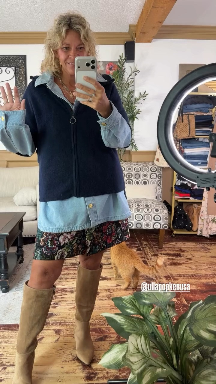 @ullapopkenusa Fall outfit: sweater & denim shirt size 12/14, skirt size 12- use code NICOLEULLA to save 35%

#LTKootd #LTKMidsize #LTKOver40