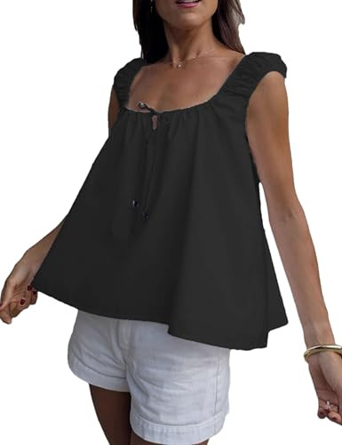 Dapoola Women Tie Front Tank Tops Summer Sleeveless Square Neck Babydoll Shirts Casual Flowy Pleated Ruffle Top(0001-Black-XS) | Amazon (US)