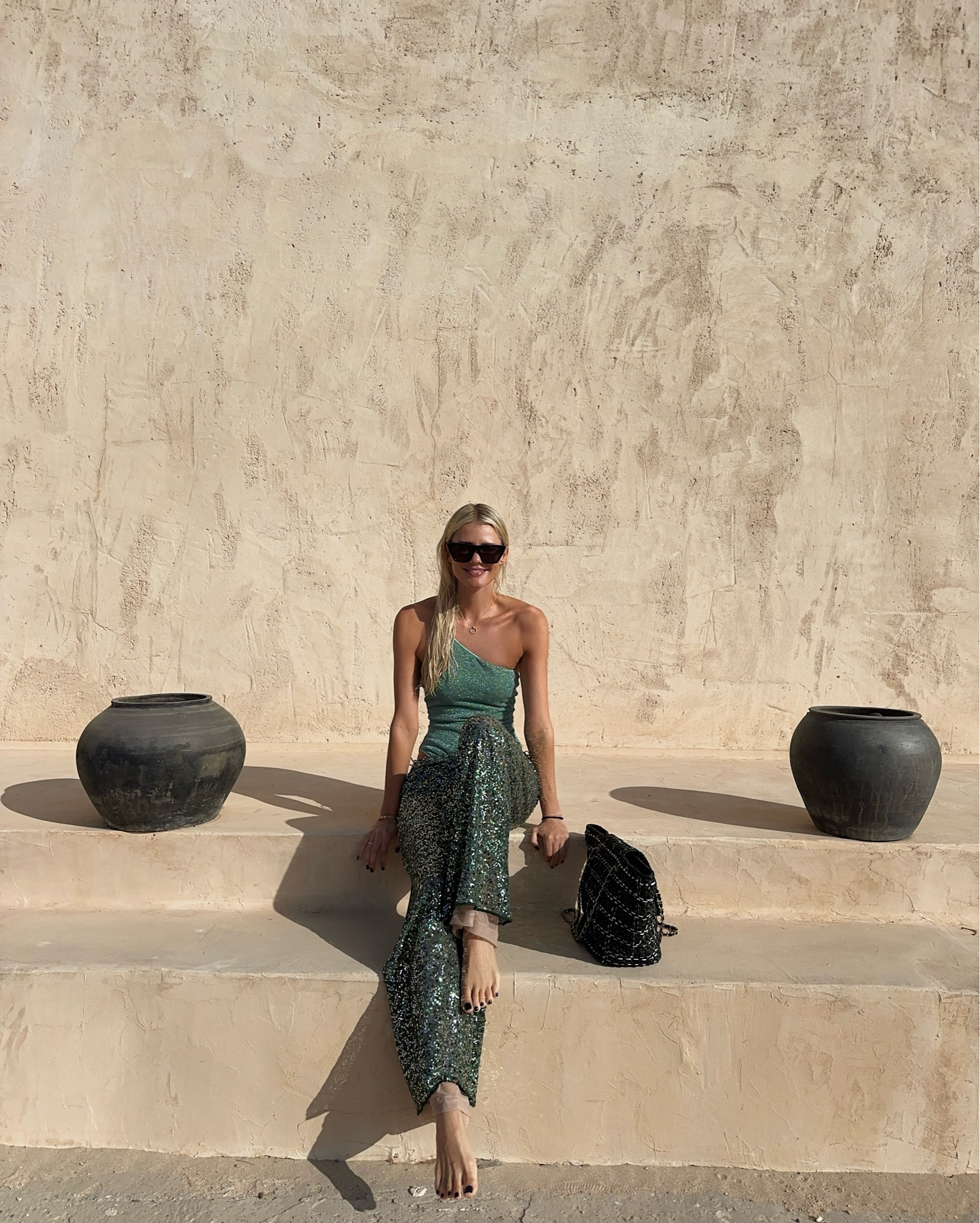 I am wearing 
- Oseree swimsuit (size S)
- Oseree pants (size S)

#glitter #lurex #celinesunglasses #spain #vacation #ootd #beachootd #summerstyle #allgreen #pants #holidaylook #celinesonnenbrille #grün