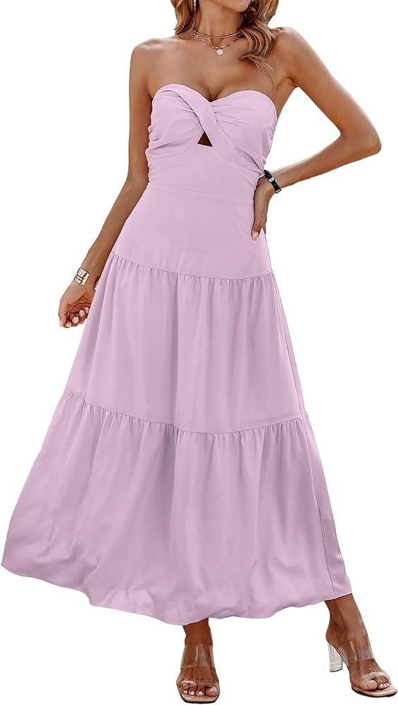 ECOWISH Women's Summer Strapless Dress Maxi Off Shoulder Hollow Out Smocked A Line Tube Tiered Lo... | Amazon (US)