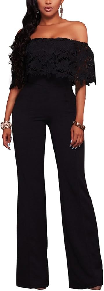 Halfword Womens Off Shoulder High Waisted Long Wide Leg Jumpsuits Rompers | Amazon (US)