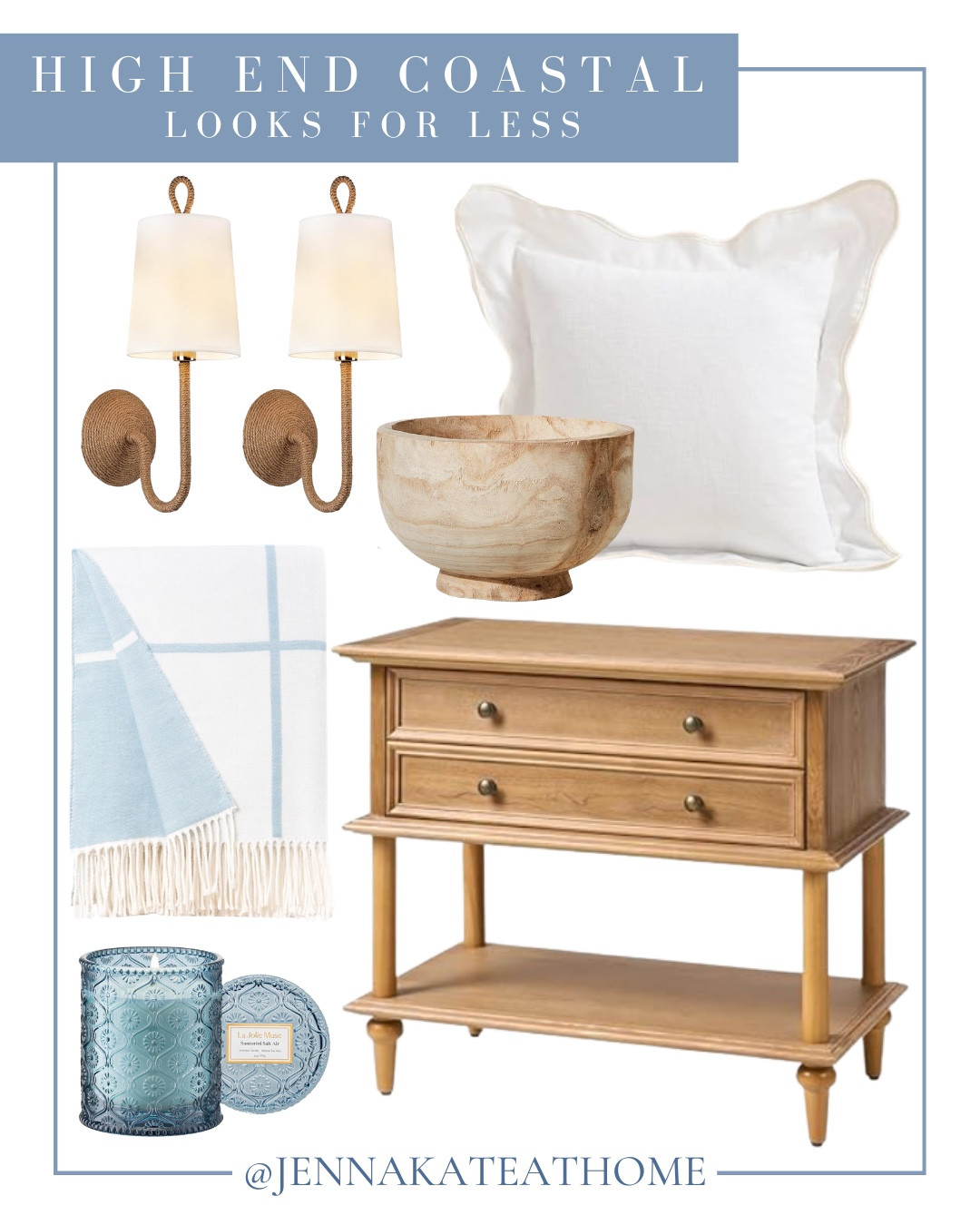 Coastal home decor includes side table, candle, throw blanket, decorative bowl, throw pillows, and sconces.

Home decor, home accents, looks for less, home decor 

#LTKHome #LTKSaleAlert #LTKvlog