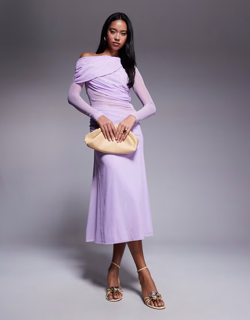 ASOS DESIGN – Langärmliges, lockeres Maxikleid aus Netzstoff-Mix in Flieder mit Carmen-Ausschnitt-Lila | ASOS (Global)