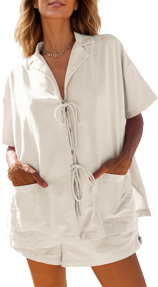 Kikibell Summer Sets Women 2 Piece Outfits Cotton Linen Sets Tie Front Button Down Shirt Shorts w... | Amazon (US)