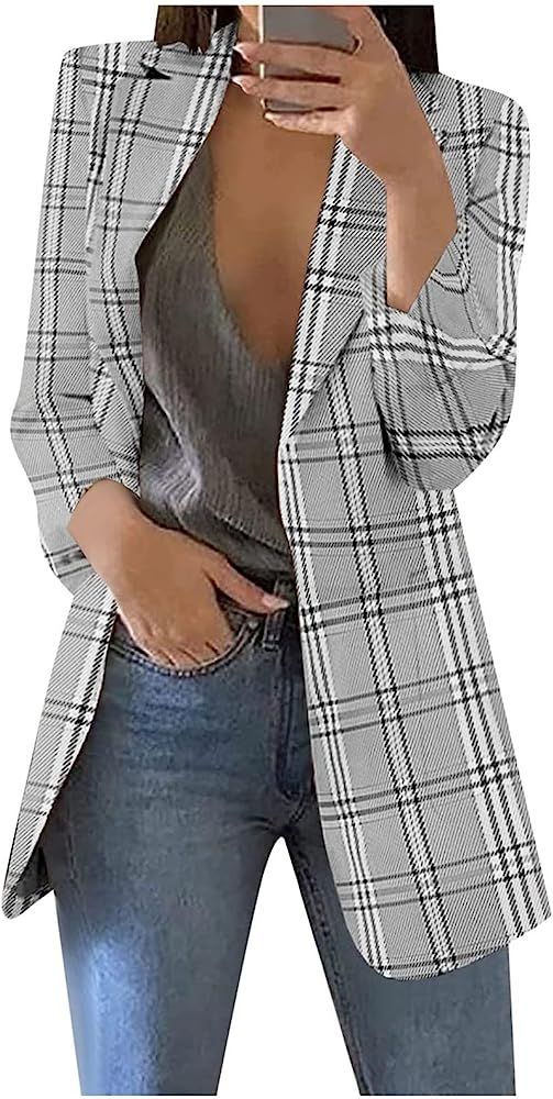 Women's Chaquetas De Mujer Casual Elegantes Formal Suit Long Sleeve Blouse Coat Plaid Blazer Over... | Amazon (US)