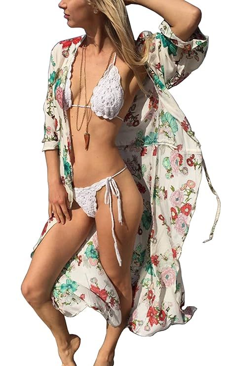 Hibluco Women's Sheer Chiffon Floral Kimono Cardigan Long Blouse Loose Tops Outwear | Amazon (US)