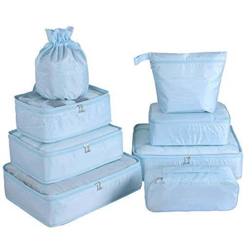 Travel Packing Cubes 8 Pcs Set, Luggage Packing Organizers with Shoe Bag and Toiletry Bag(Light Blue) | Amazon (US)