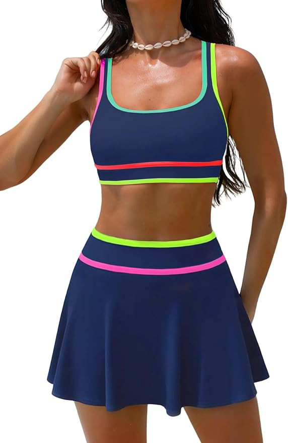 popvil High Waisted Bikini Sets for Women 3 Piece Swimsuit with Skirt Neon Swimwear Sporty Bathin... | Amazon (US)