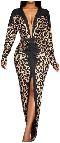 GORGLITTER Women's Leopard Print Body Maxi Dress Deep V Neck Slit Cheetah Long Sleeve Pencil Long... | Amazon (US)