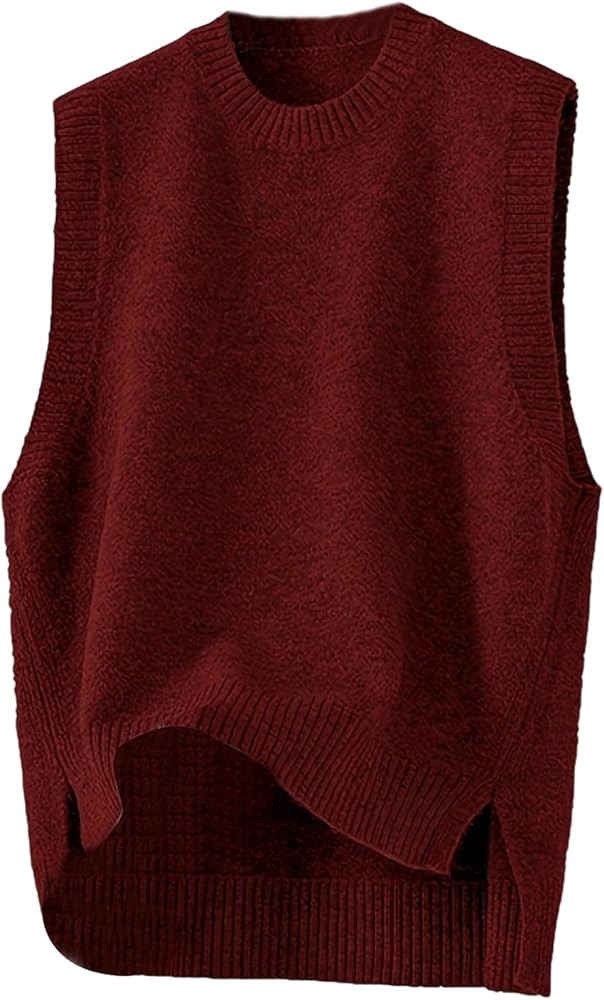 OYOANGLE Women's Split Hem Crew Neck Basic Sweater Vest Sleeveless Pullover Sweater Tank Tops | Amazon (US)