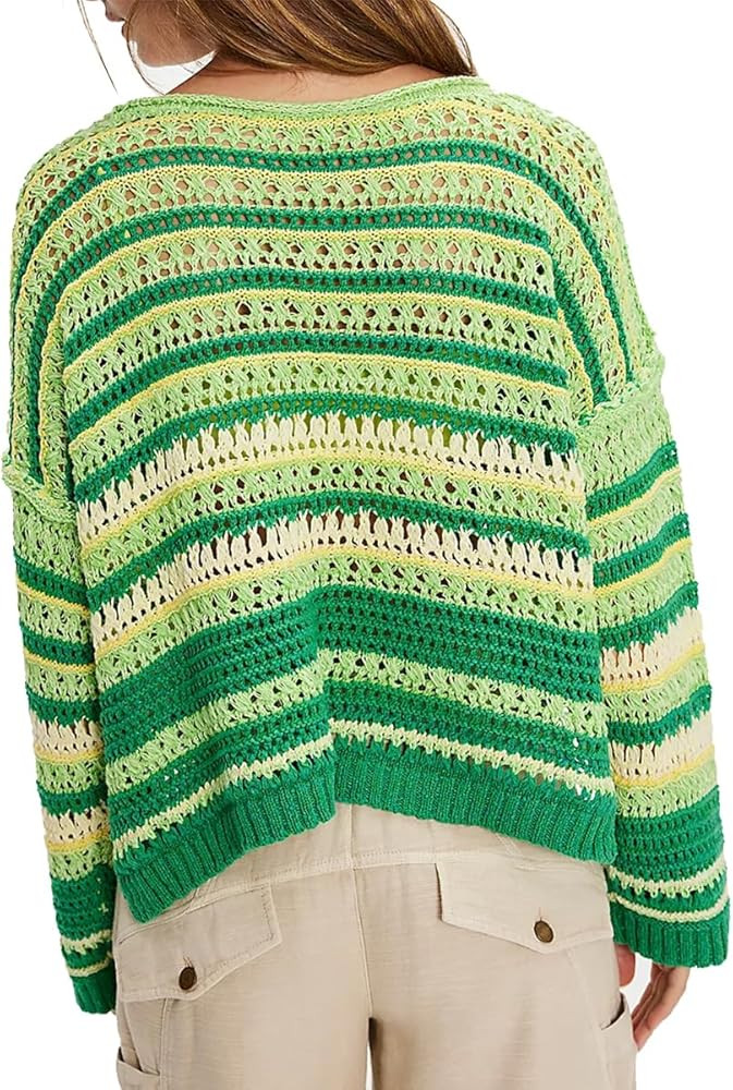 Mxiqqpltky Y2k Striped Pullover Sweaters for Women Long Sleeve Crew Neck Hollow Out Knit Crochet ... | Amazon (US)