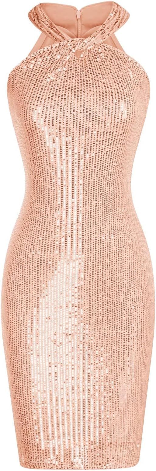 GRACE KARIN Women Sequin Dress Sleeveless Sparkly Glitter Halter Dress Bodycon Mini Club Dresses | Amazon (US)