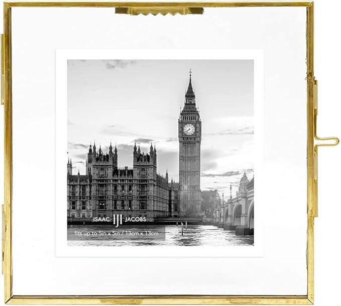 Isaac Jacobs 5x5, Antique Gold, Vintage Style Brass and Glass Hanging Picture Frame, Wall-Mountab... | Amazon (US)