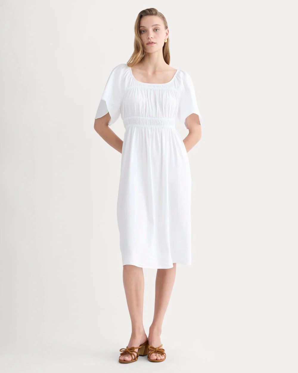 Women's Flutter-Sleeve Dress in Stretch Linen by Everlane in White, Size XS | Everlane