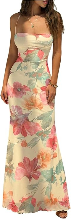GORGLITTER Women's Floral Boho Maxi Dress Sexy Backless Lace Up Sleeveless Summer Birthday Cockta... | Amazon (US)