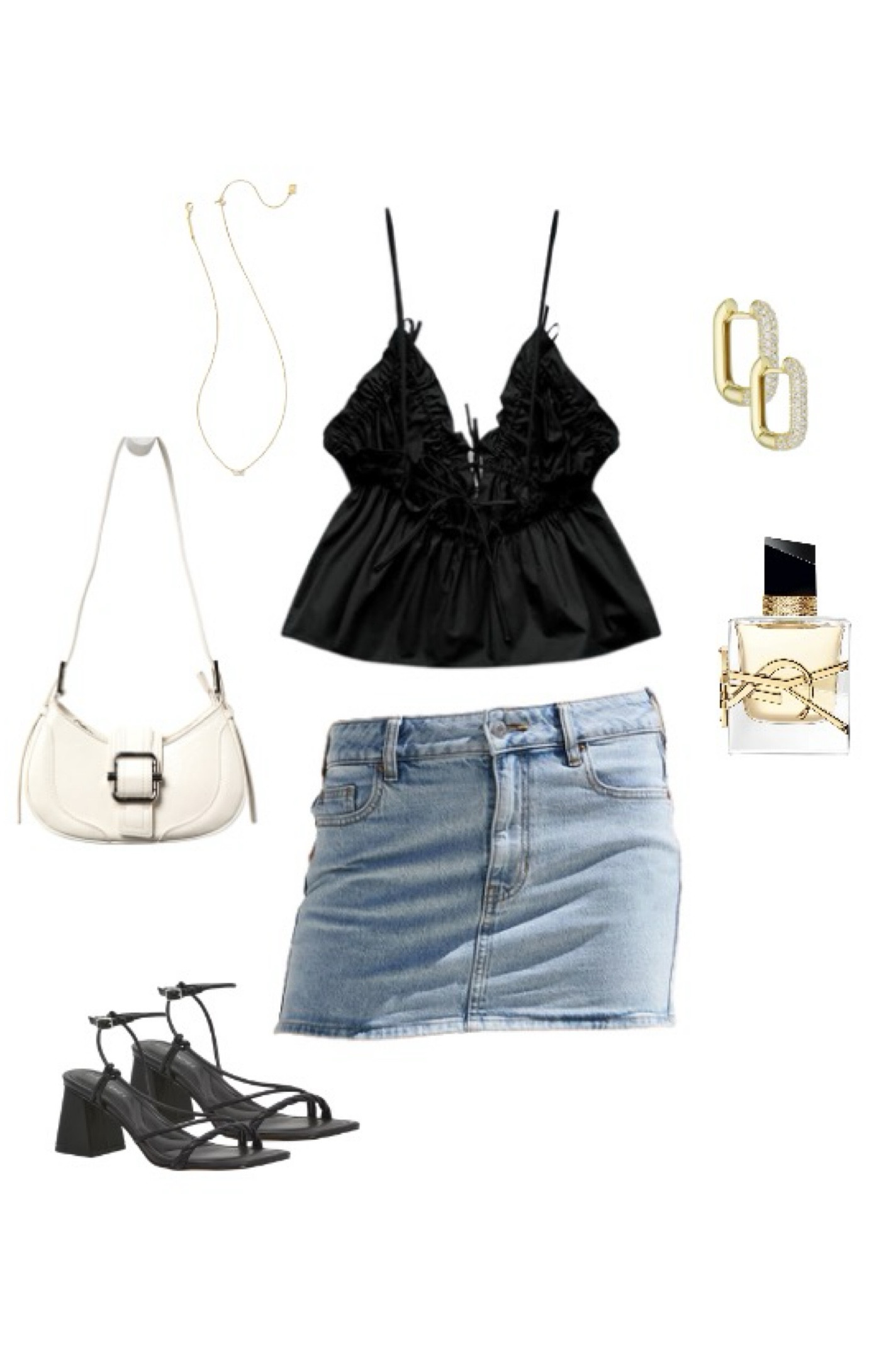 Going out fit, black silk clubbing tops, mini skirt denim, kitten heels, ysl perfume, gold chunky earrings 

#LTKBacktoSchool #LTKSeasonal #LTKSummerSales