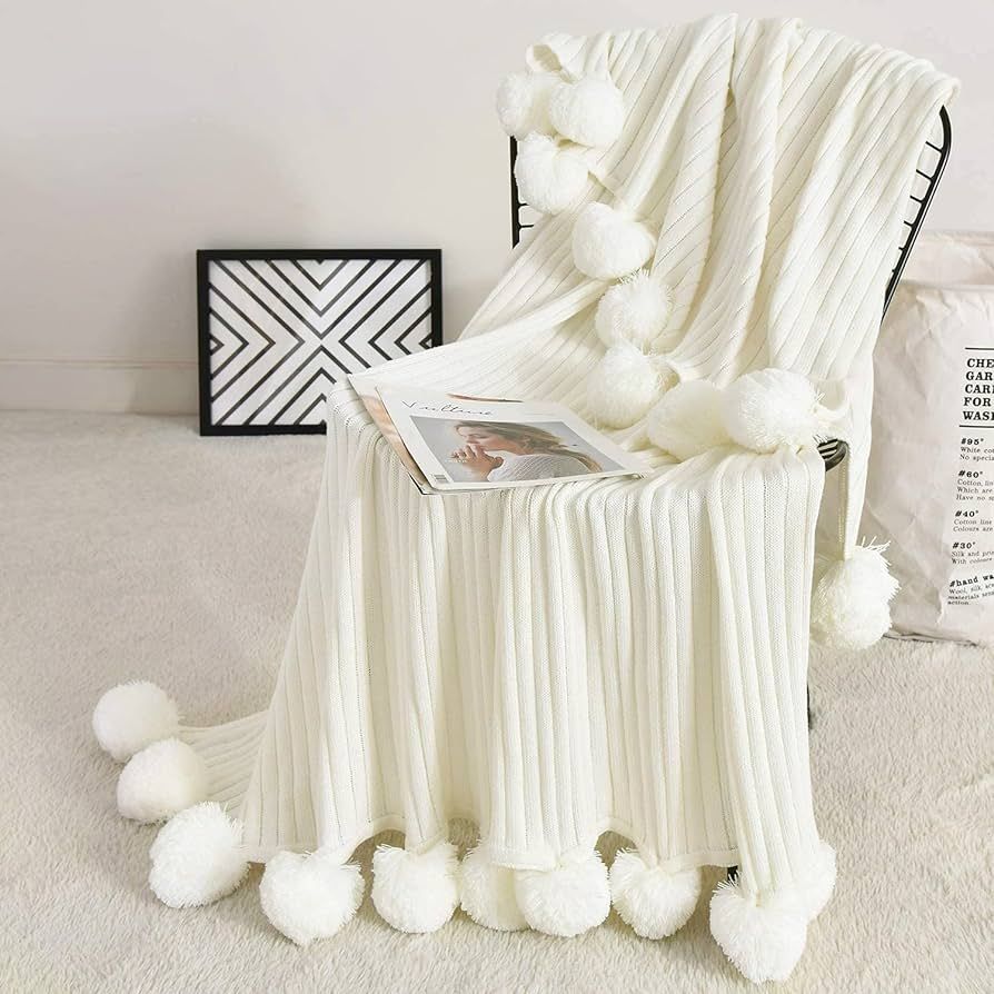 Fomoom Pom Pom Throw Blanket, Knit Blanket with Pompom Tassels, Decorative Cotton Blanket for Couch  | Amazon (US)