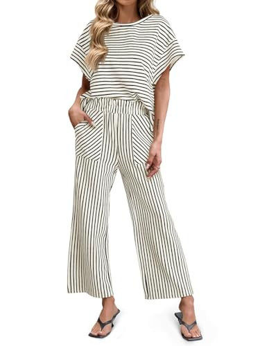 Tankaneo Womens Striped 2 Piece Sets Short Sleeve T Shirts Wide Leg Pants Matching Lounge Set with Pockets | Amazon (US)