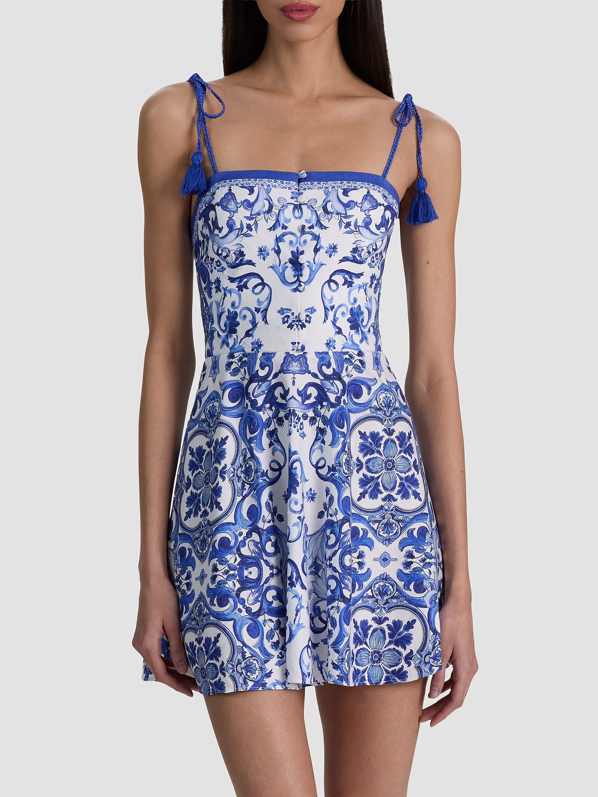 ALICE + OLIVIA Glinda Majolica Tassel Tie-Strap Linen-Blend Minidress | Saks Fifth Avenue | Saks Fifth Avenue