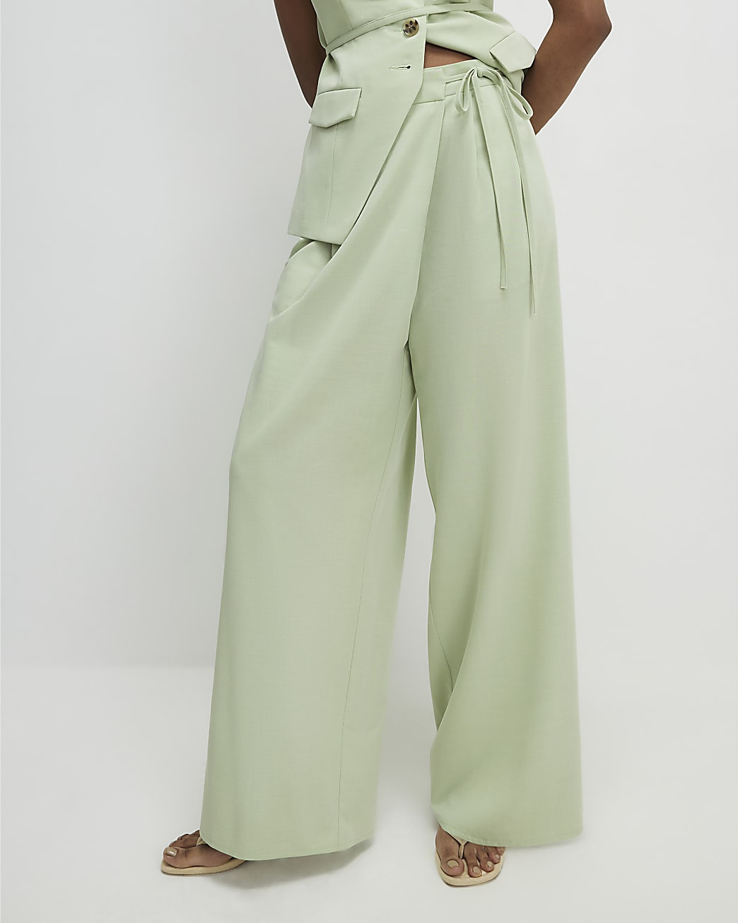 Green Premium Wrap Detail Wide Leg Trousers | River Island UK & IE