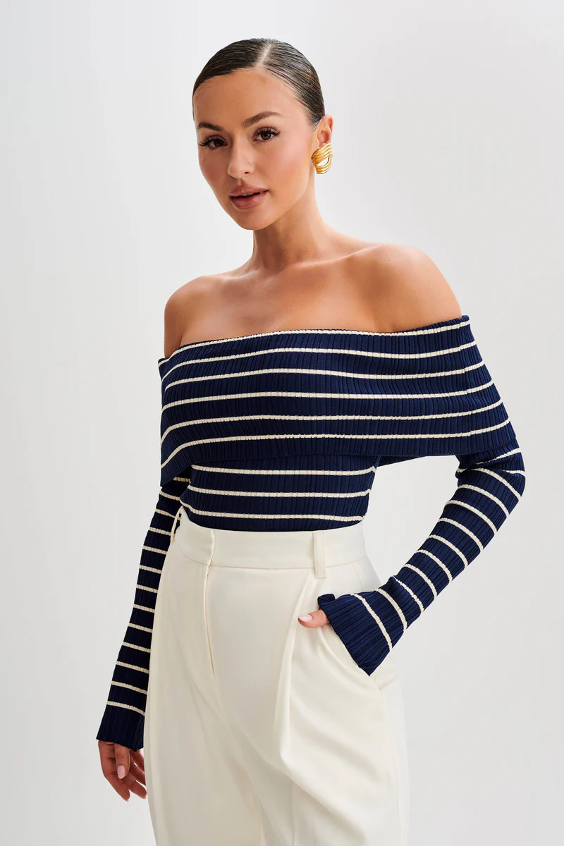 Dominica Off Shoulder Knit Top - Navy | MESHKI US