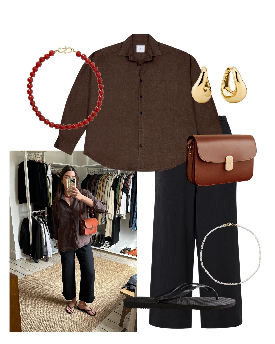 Styling pre-fall, transitional summer looks, wearing chocolate brown oversized shirt and burgundy, tan accessories 

#LTKstyletip #LTKautumn #LTKsummer