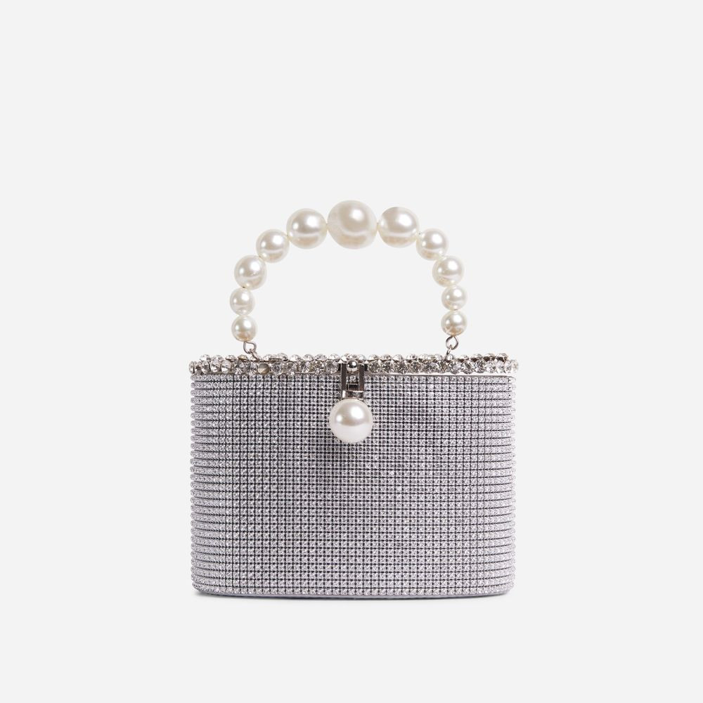 Cinderella Pearl Top Handle Cross Body Bag In Silver Diamante | EGO (UK)