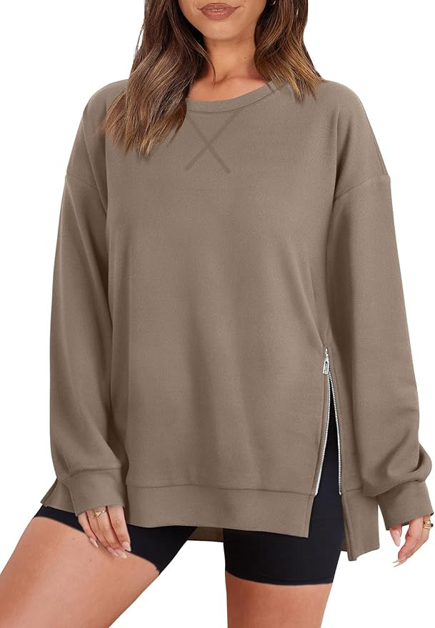 WIHOLL Women's Oversized Lightweight Sweatshirt with Side Slit Zipper Soft Crew Neck Pullover Lon... | Amazon (US)