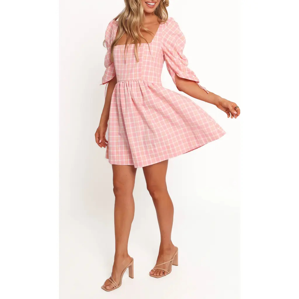Petal & Pup Siena Check Puff Sleeve Minidress in Pink Check at Nordstrom Rack, Size Small | Nordstrom Rack