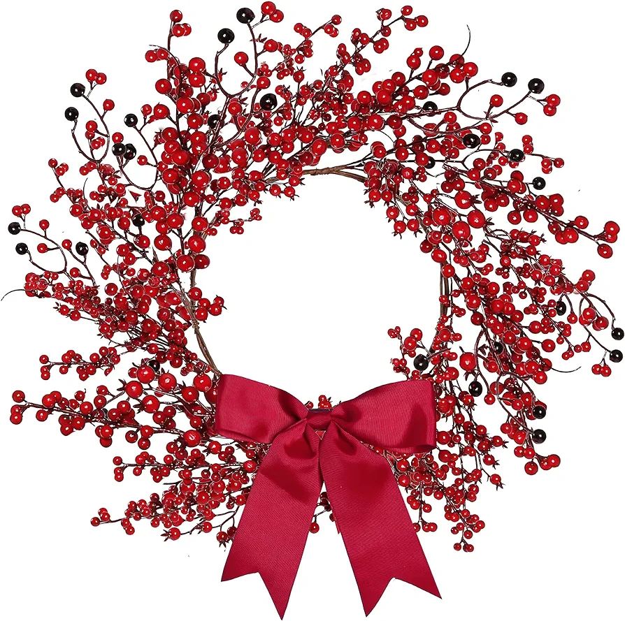 Sggvecsy 18 Inch Artificial Christmas Wreath Red Berry Wreath Handmade Winter Wreath with Bowknot... | Amazon (US)