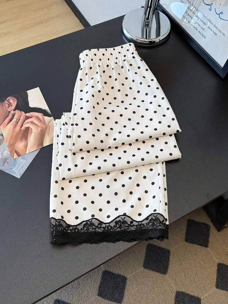 Elegant White Woven Fabric Polka Dot Pants With Black Lace Hem Straight Leg Long Trousers For Wom... | SHEIN