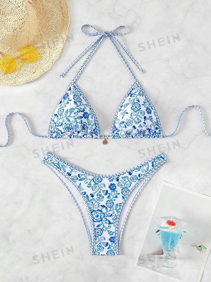 SHEIN Swim Vcay Women's Summer Beach Floral Print Halter Neck Tie Sexy Bikini Set | SHEIN